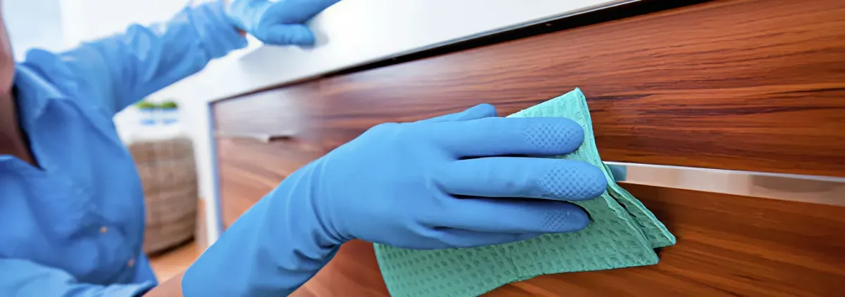 Cleaner wearing blue gloves wiping a wooden cabinet drawer with a microfiber cloth for dust and grime removal, Anaheim, CA.